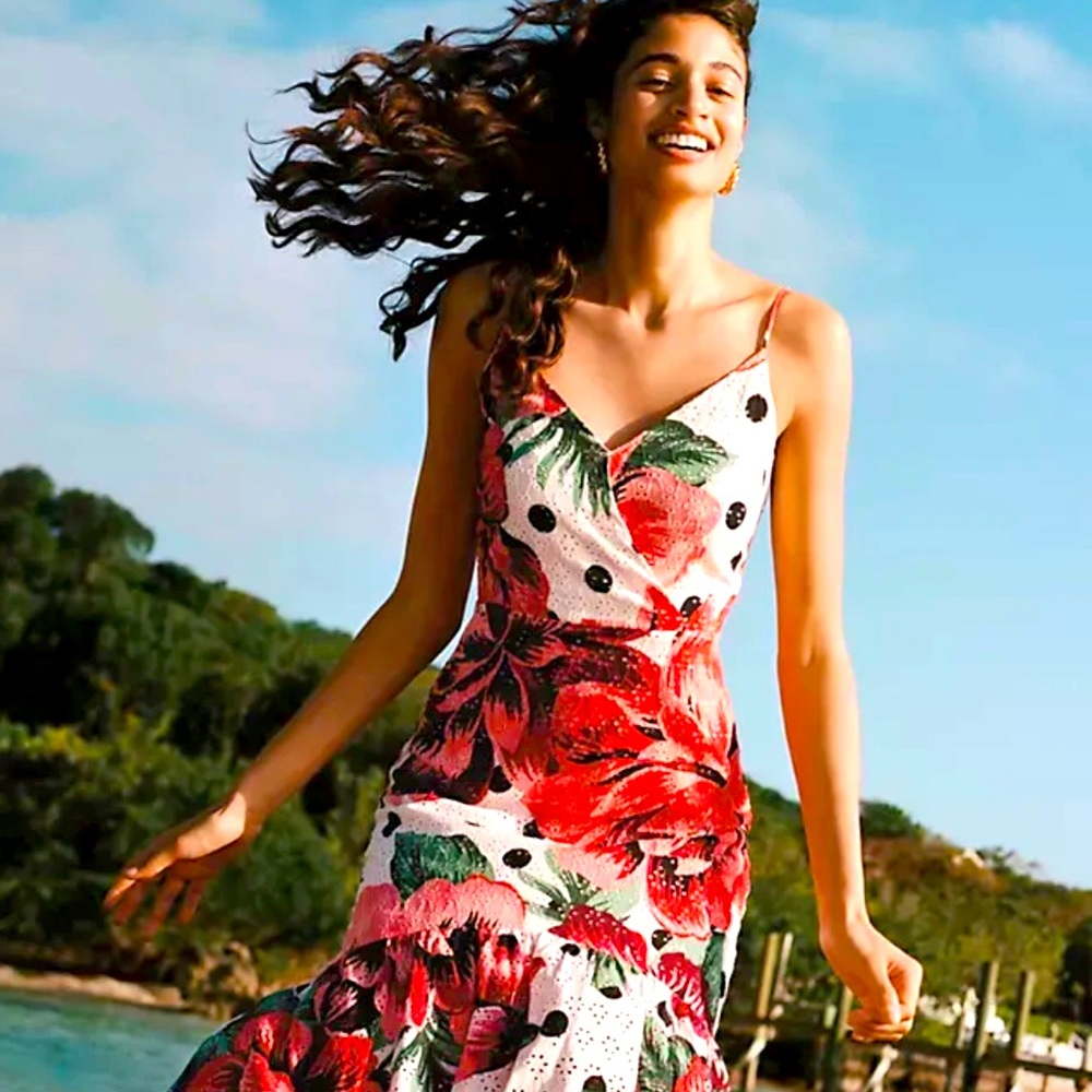 Farm Rio Eyelet Maxi Dress Anthropologie Riviera Red Floral Sundress Size 6 NEW